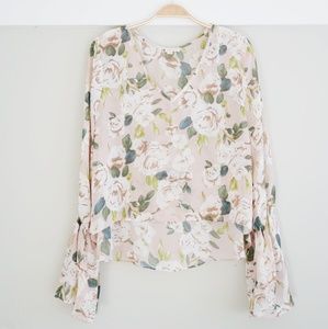Cotton Candy Rose Floral Blouse With Bell Sleeves